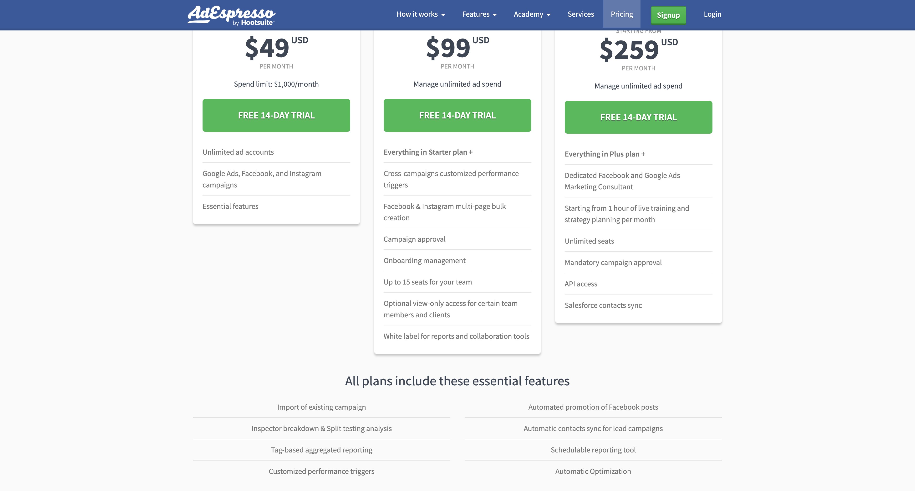 AdEspresso's three pricing tiers: Starter at $49 a month, Plus at $99 a month and Enterprise from $259 a month, with an ad-spend-limited entry tier